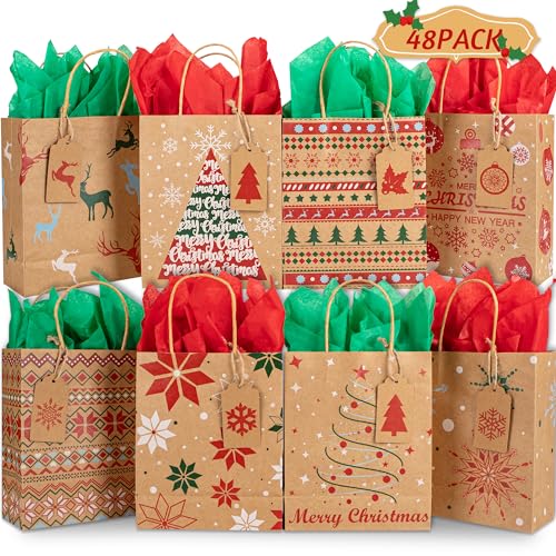 Kiddokids 48 Christmas Gift Bags 7 x 865 x 315 Kraft Holiday Wrapping with Tissue Papers 48 Gift Tags for Xmas Exchange Party Favors Goodie Bags Christmas Gift Box Packaging Decor
